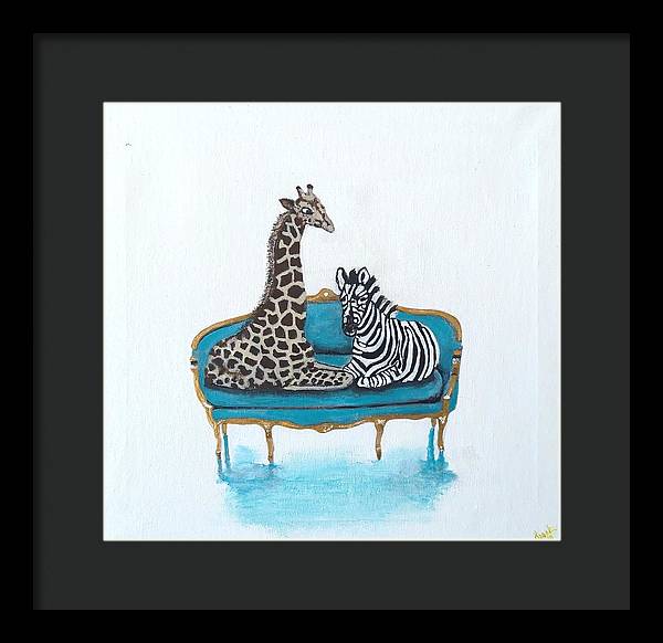 Giraffe Zebra on chair - Framed Print