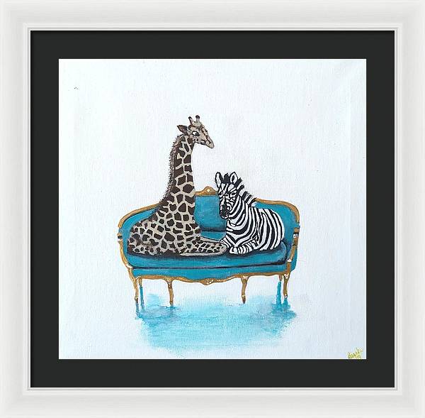 Giraffe Zebra on chair - Framed Print