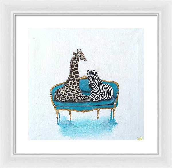 Giraffe Zebra on chair - Framed Print