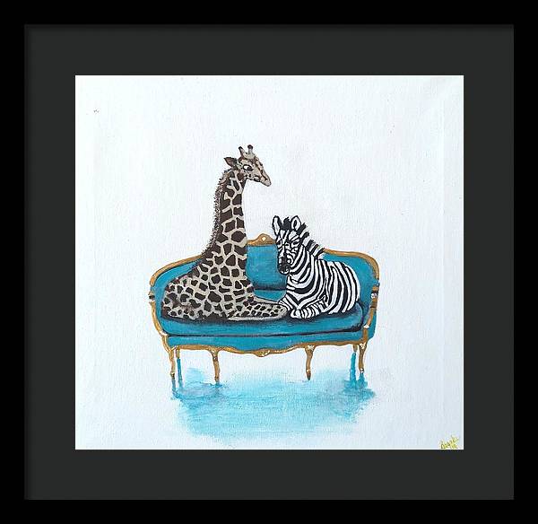 Giraffe Zebra on chair - Framed Print