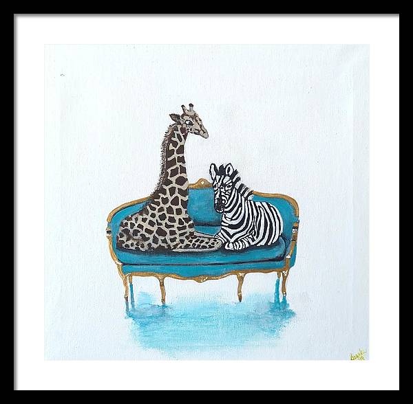 Giraffe Zebra on chair - Framed Print