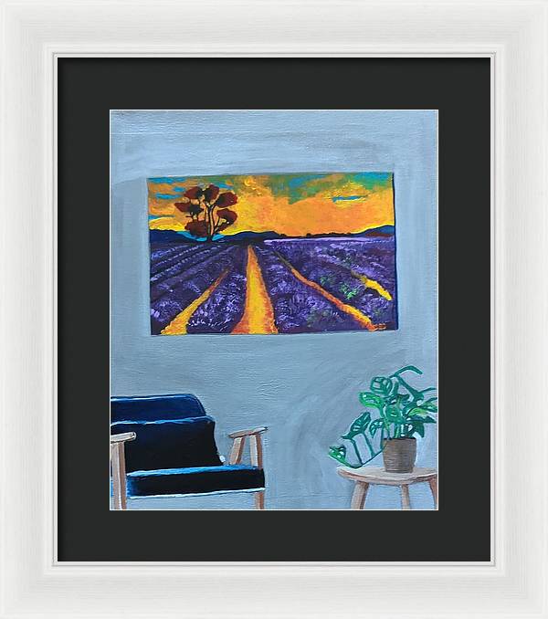 Empty Blue Chair w/Purple Flower Field - Framed Print
