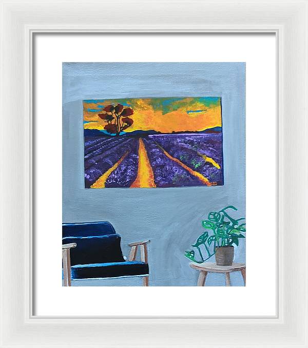 Empty Blue Chair w/Purple Flower Field - Framed Print