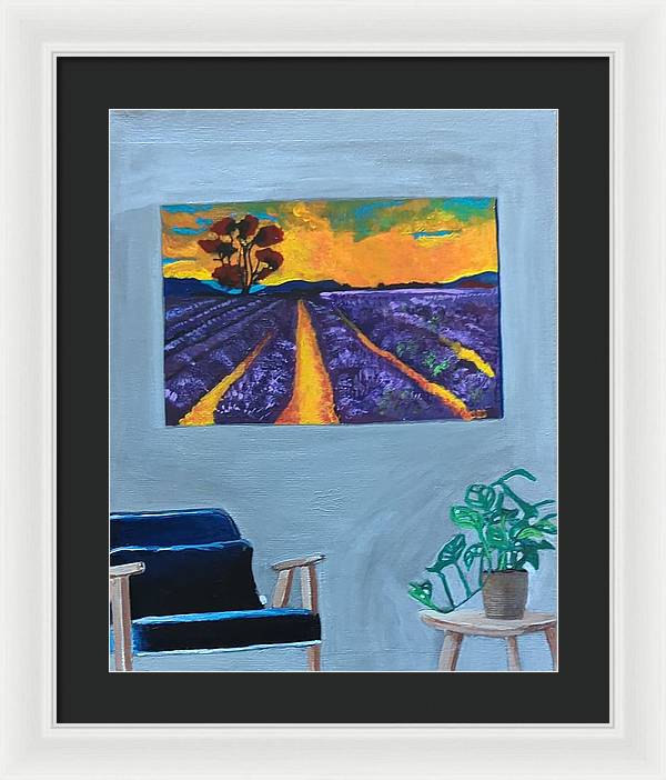 Empty Blue Chair w/Purple Flower Field - Framed Print
