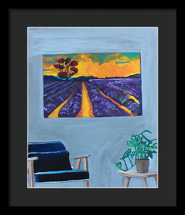 Empty Blue Chair w/Purple Flower Field - Framed Print