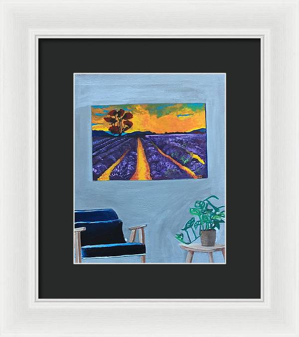 Empty Blue Chair w/Purple Flower Field - Framed Print