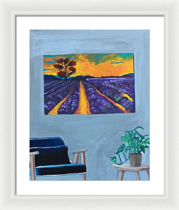 Empty Blue Chair w/Purple Flower Field - Framed Print