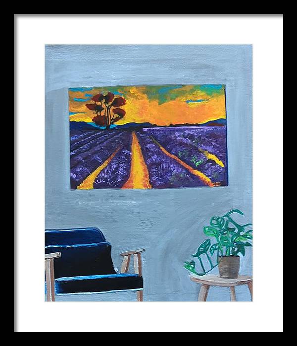 Empty Blue Chair w/Purple Flower Field - Framed Print