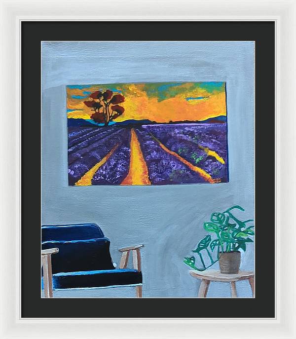 Empty Blue Chair w/Purple Flower Field - Framed Print