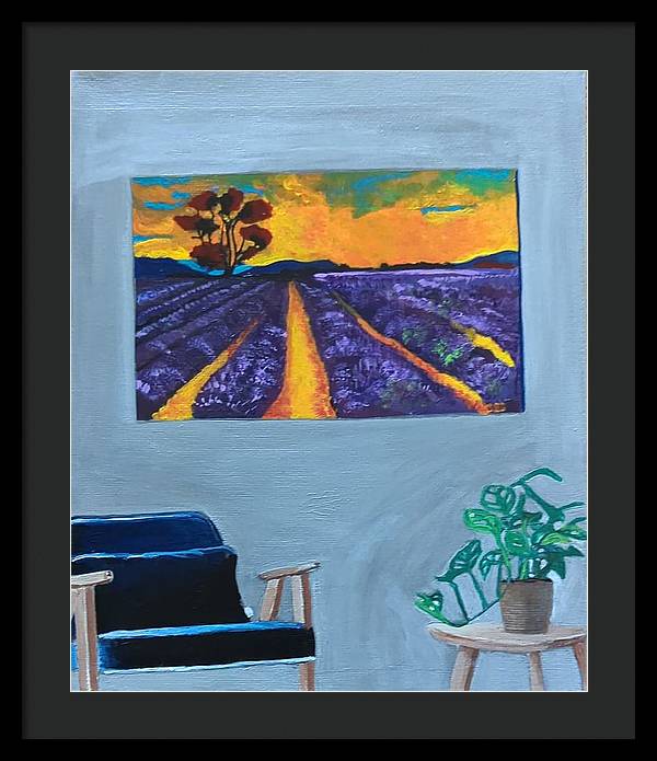 Empty Blue Chair w/Purple Flower Field - Framed Print