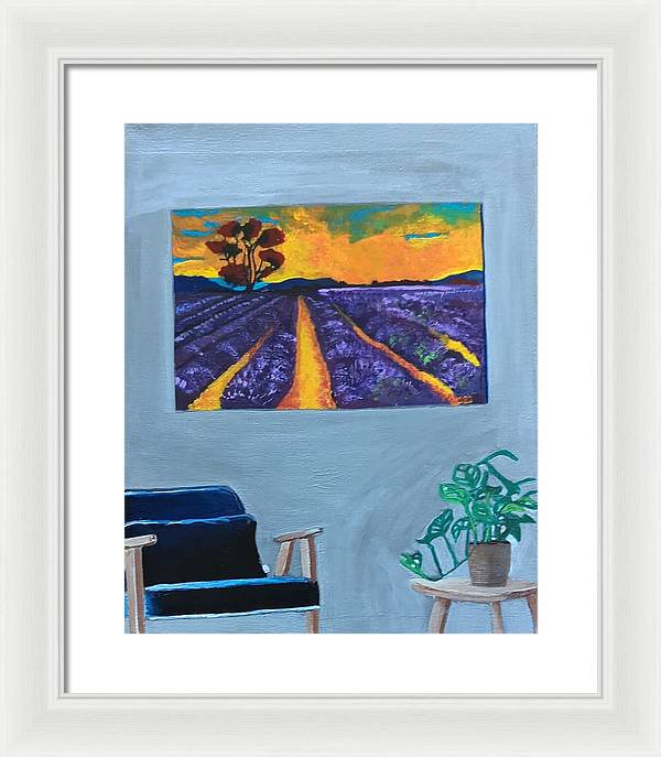 Empty Blue Chair w/Purple Flower Field - Framed Print