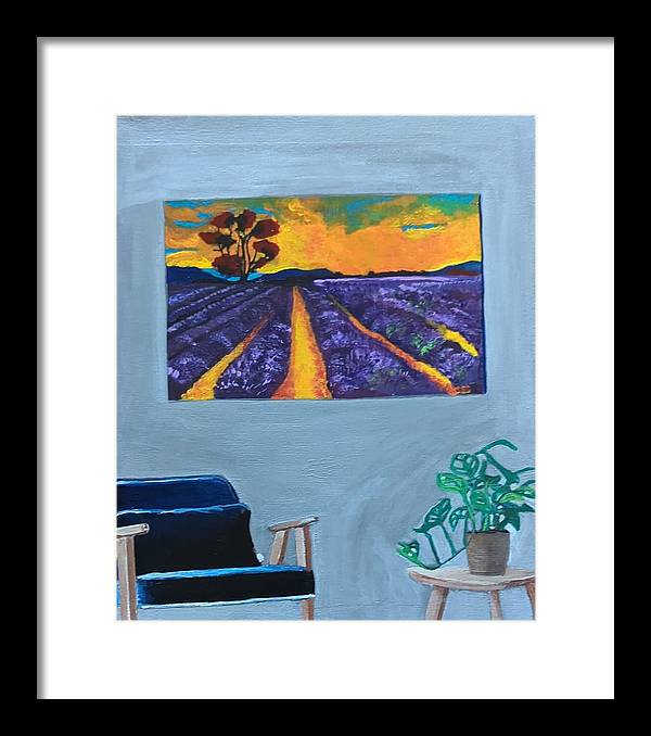 Empty Blue Chair w/Purple Flower Field - Framed Print