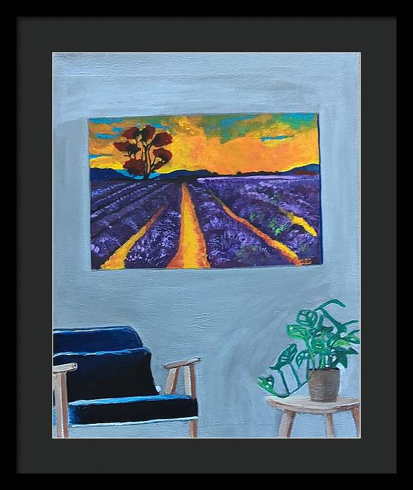 Empty Blue Chair w/Purple Flower Field - Framed Print