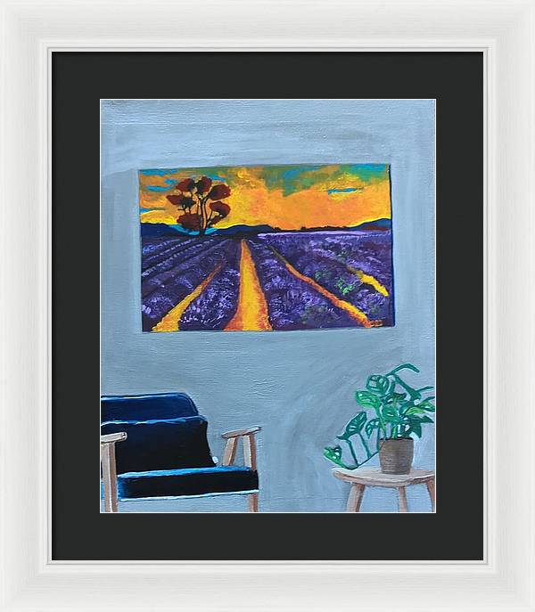 Empty Blue Chair w/Purple Flower Field - Framed Print