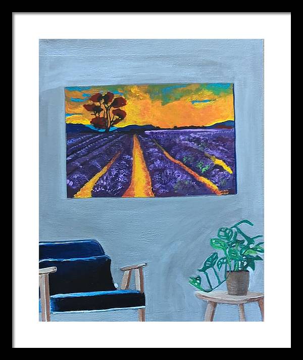 Empty Blue Chair w/Purple Flower Field - Framed Print
