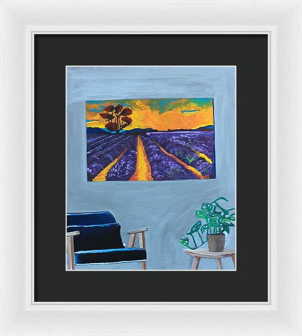 Empty Blue Chair w/Purple Flower Field - Framed Print