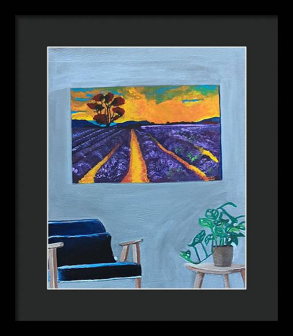 Empty Blue Chair w/Purple Flower Field - Framed Print