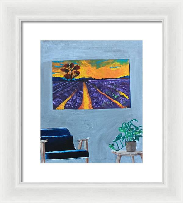 Empty Blue Chair w/Purple Flower Field - Framed Print