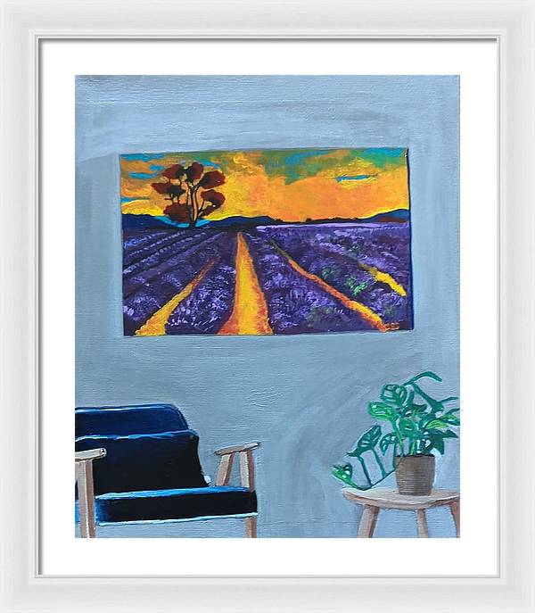 Empty Blue Chair w/Purple Flower Field - Framed Print
