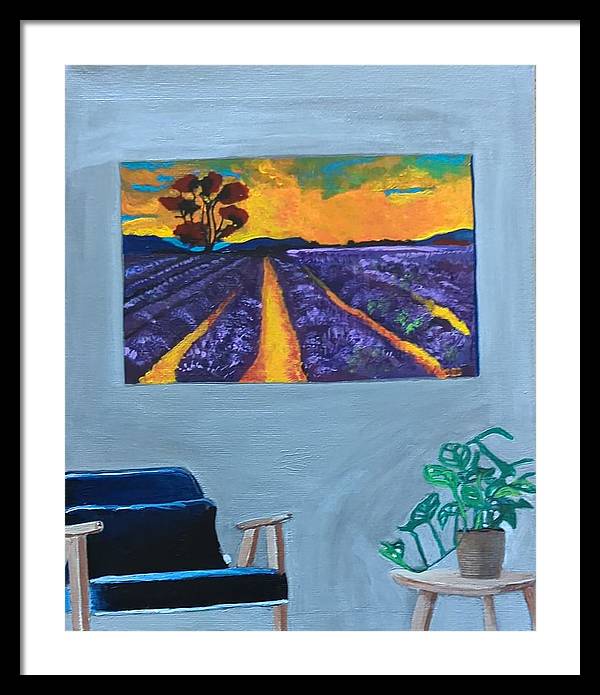 Empty Blue Chair w/Purple Flower Field - Framed Print