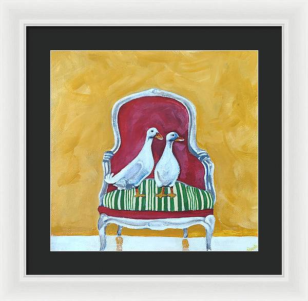 Two ducks on a chair - Framed Print