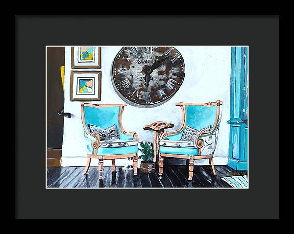 Two teal empty chairs - Framed Print