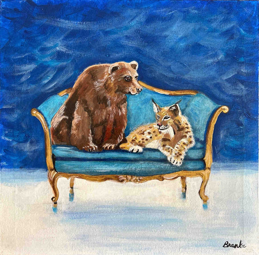 Brown Bear and Lynx on Chair
