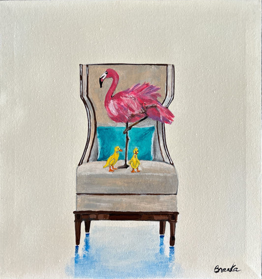 Flamingo n Baby Ducks on Chair