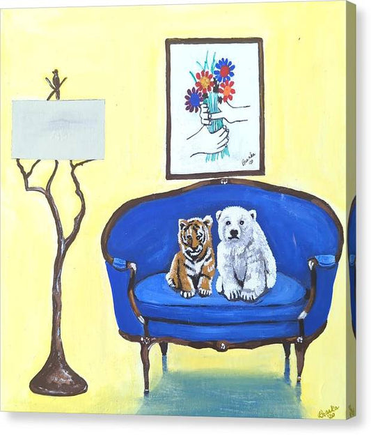 Baby tiger n bear on chair  - Canvas Print