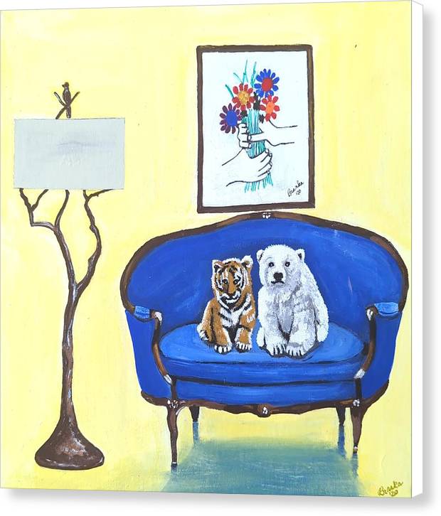 Baby tiger n bear on chair  - Canvas Print