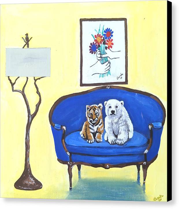 Baby tiger n bear on chair  - Canvas Print
