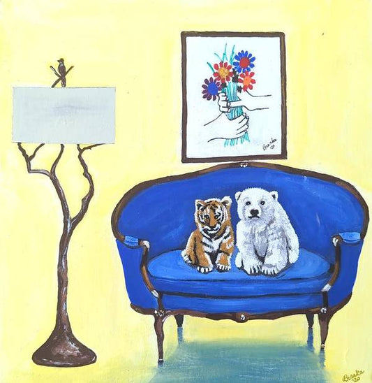 Baby tiger n bear on chair  - Art Print