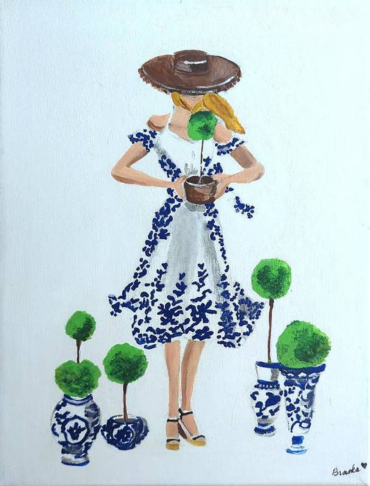 Blue White Topiary Lady - Art Print