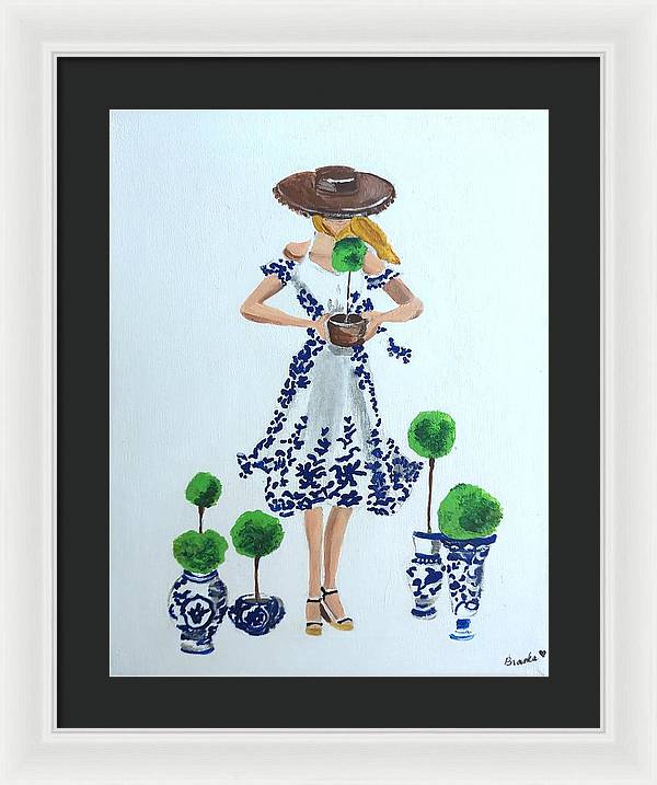 Blue White Topiary Lady - Framed Print