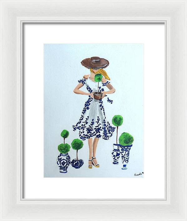 Blue White Topiary Lady - Framed Print