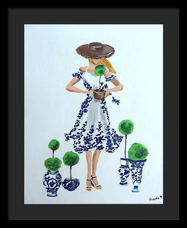 Blue White Topiary Lady - Framed Print