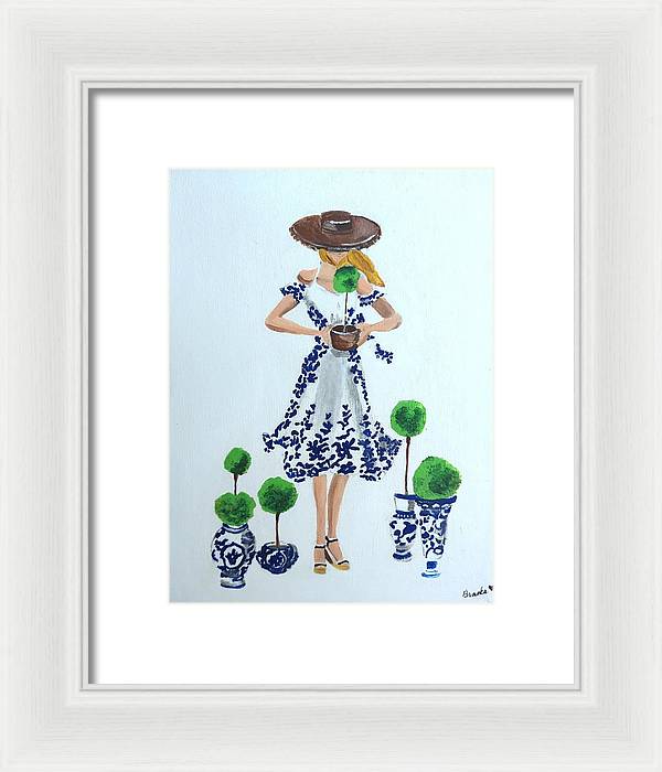Blue White Topiary Lady - Framed Print