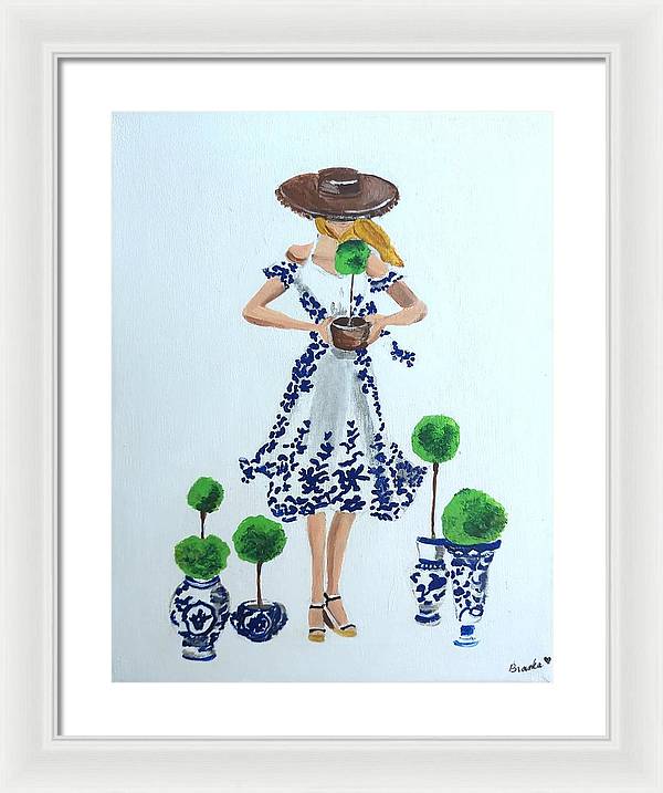 Blue White Topiary Lady - Framed Print