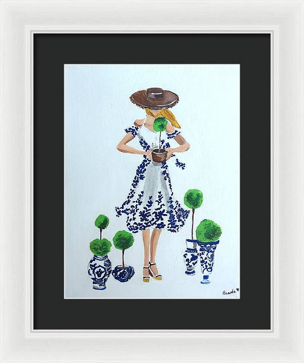 Blue White Topiary Lady - Framed Print