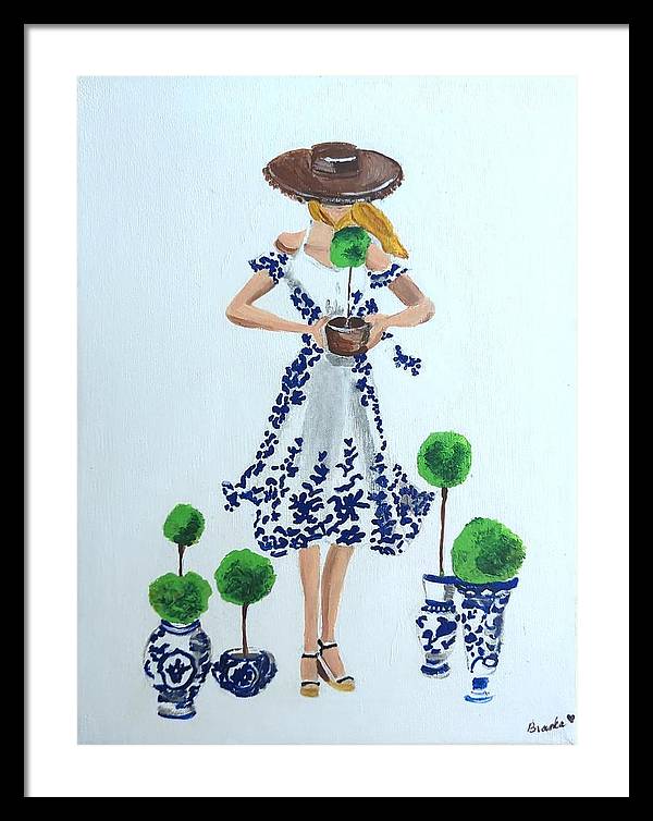 Blue White Topiary Lady - Framed Print