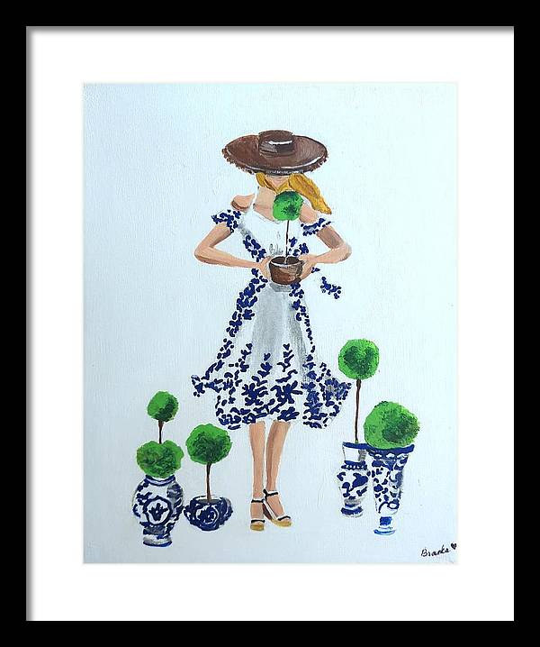 Blue White Topiary Lady - Framed Print