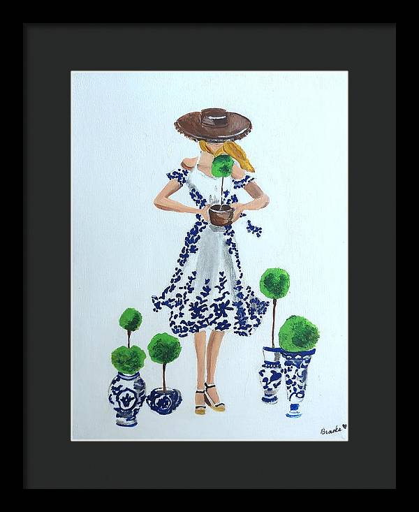 Blue White Topiary Lady - Framed Print