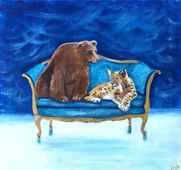 Brown bear and lynx on chair - Art Print