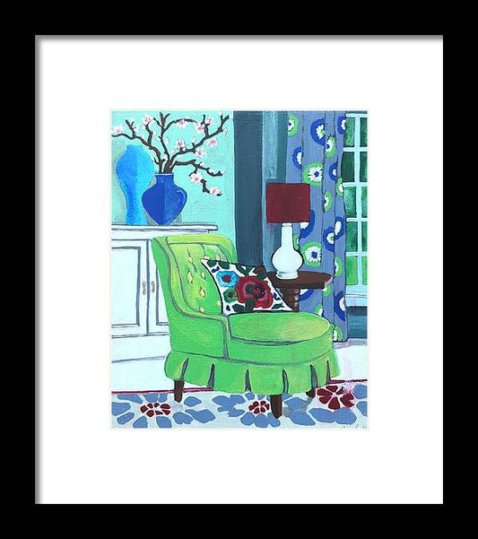 Empty lime green chair - Framed Print