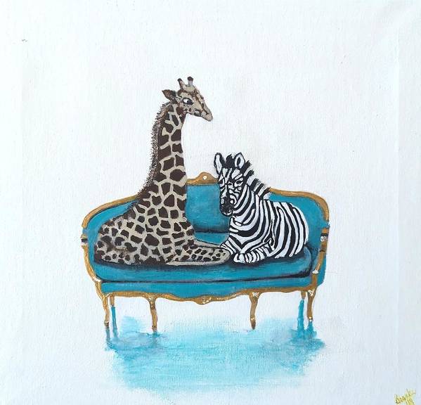 Giraffe _ Zebra on chair - Art Print
