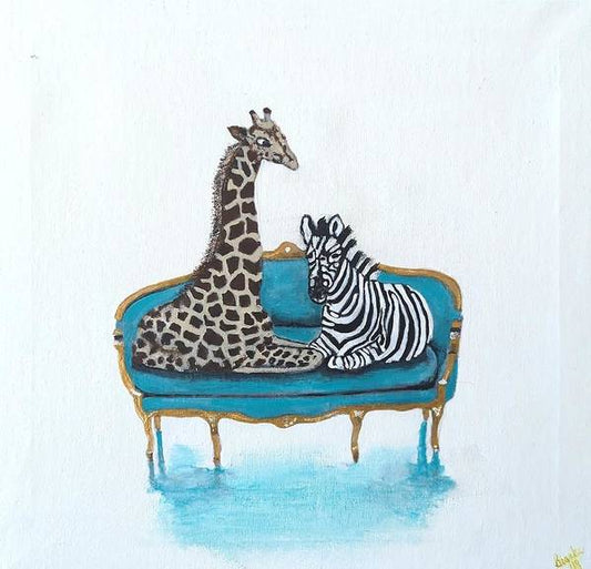 Giraffe _ Zebra on chair - Art Print