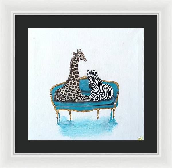 Giraffe  Zebra on chair - Framed Print