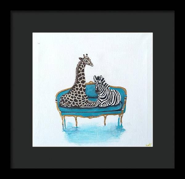 Giraffe  Zebra on chair - Framed Print