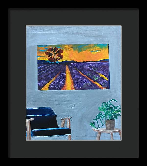 Empty Blue Chair w/Purple Flower Field - Framed Print