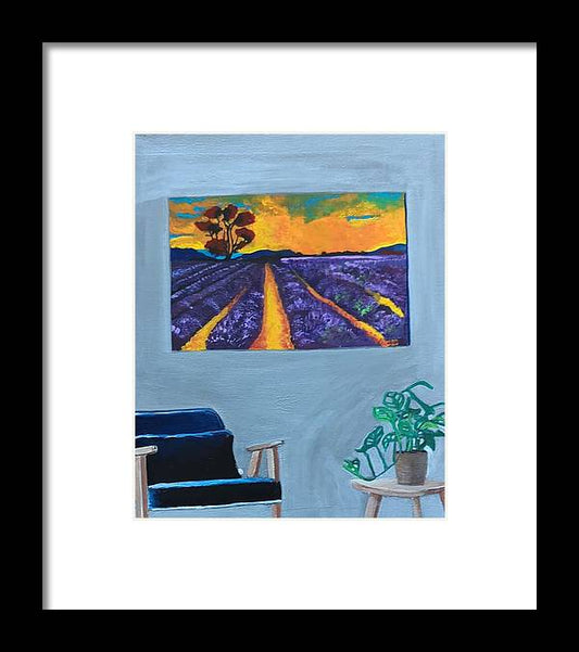 Empty Blue Chair w/Purple Flower Field - Framed Print